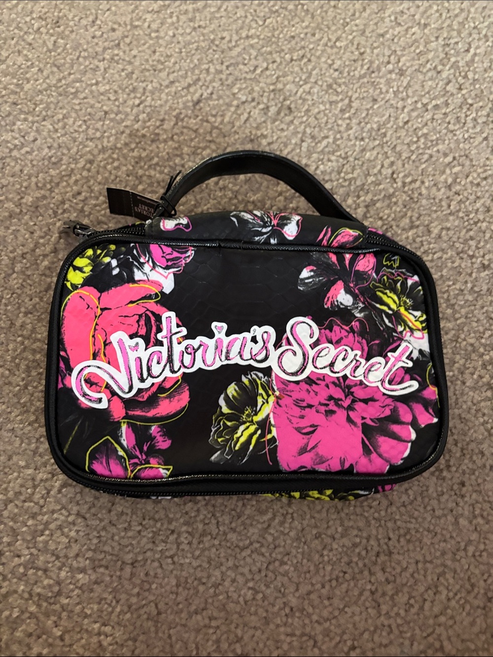 Victoria's Secret Black Cosmetic Bag with Pink & Yellow Floral Print NWT